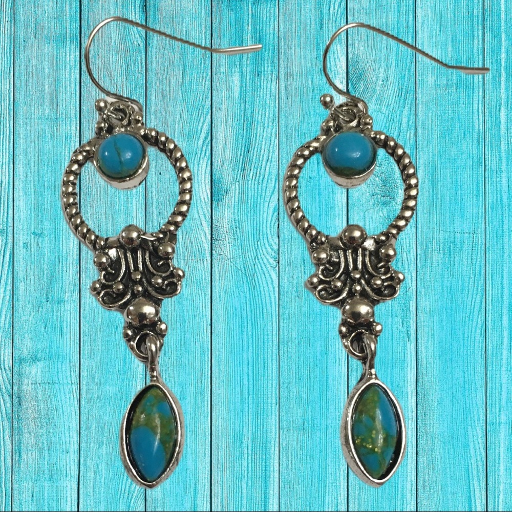 Turquoise Green Silver Dangle Hook Earrings